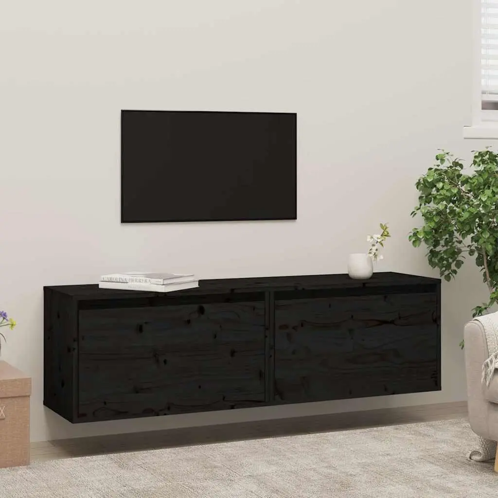 Wall Cabinets 2 pcs Black 60x30x35 cm Solid Wood Pine Floating Storage