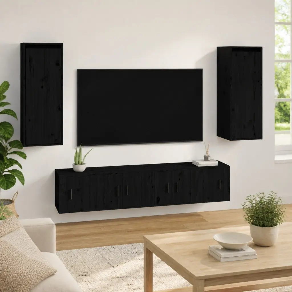Wall Cabinet 2 pcs Black 30x30x80 cm Solid Wood Pine Hanging Storage Shelves