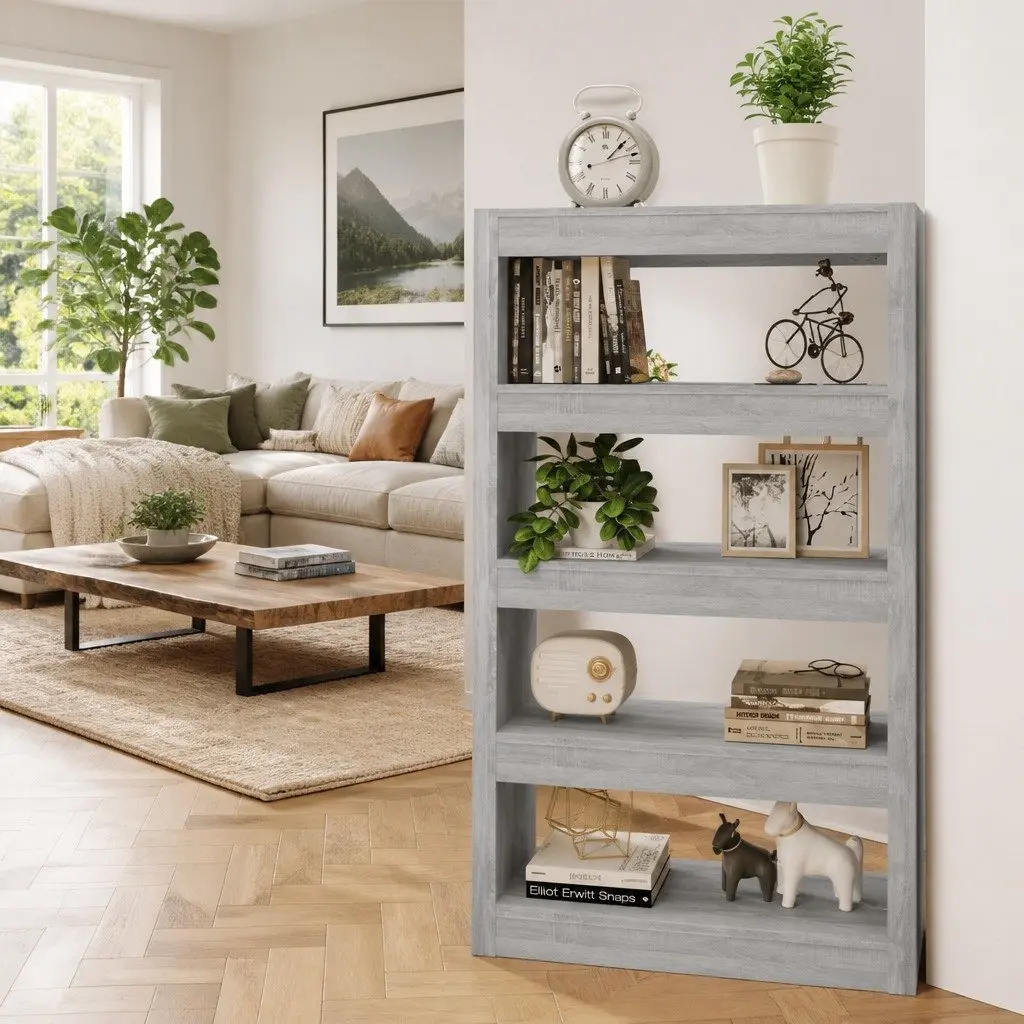 Grey Wooden Room Divider and Book Cabinet 80x30x135cm