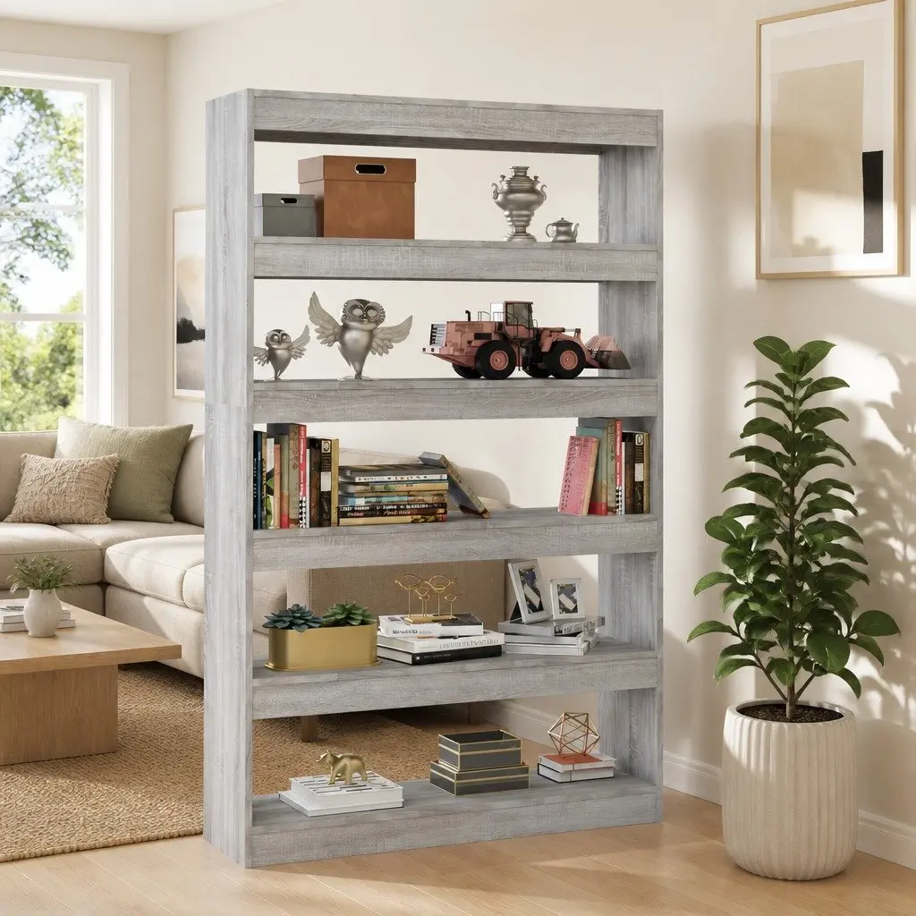 Book Cabinet Room Divider Grey Wooden Shelving Storage Standing Shelf