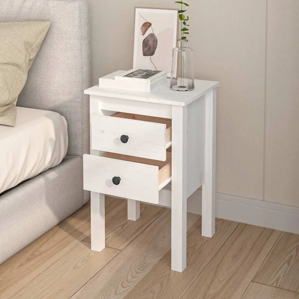 Bedside Cabinet White 40x35x61.5cm 2 Drawer Solid Wood Bedroom Storage Table