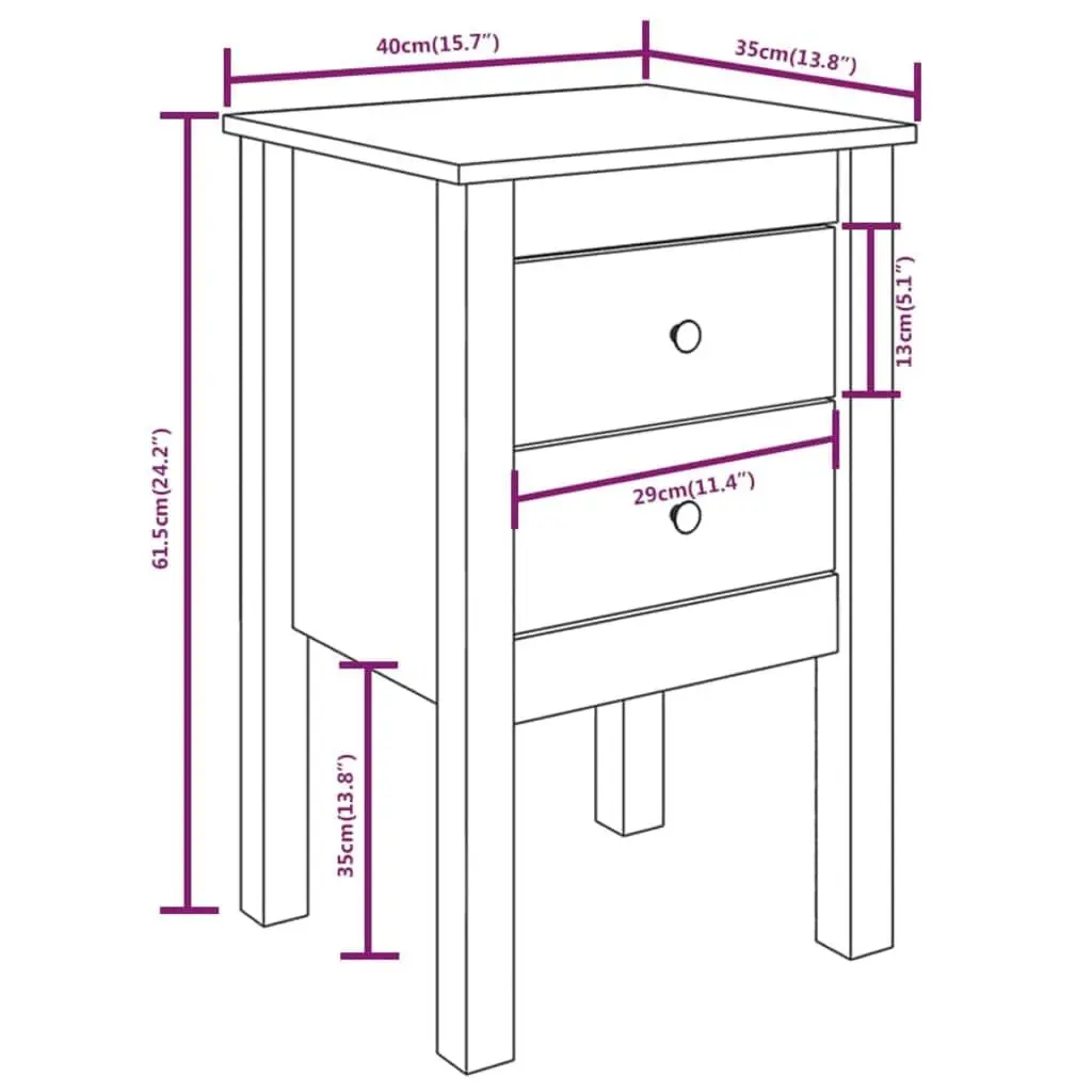 Bedside Cabinet White 40x35x61.5cm 2 Drawer Solid Wood Bedroom Storage Table