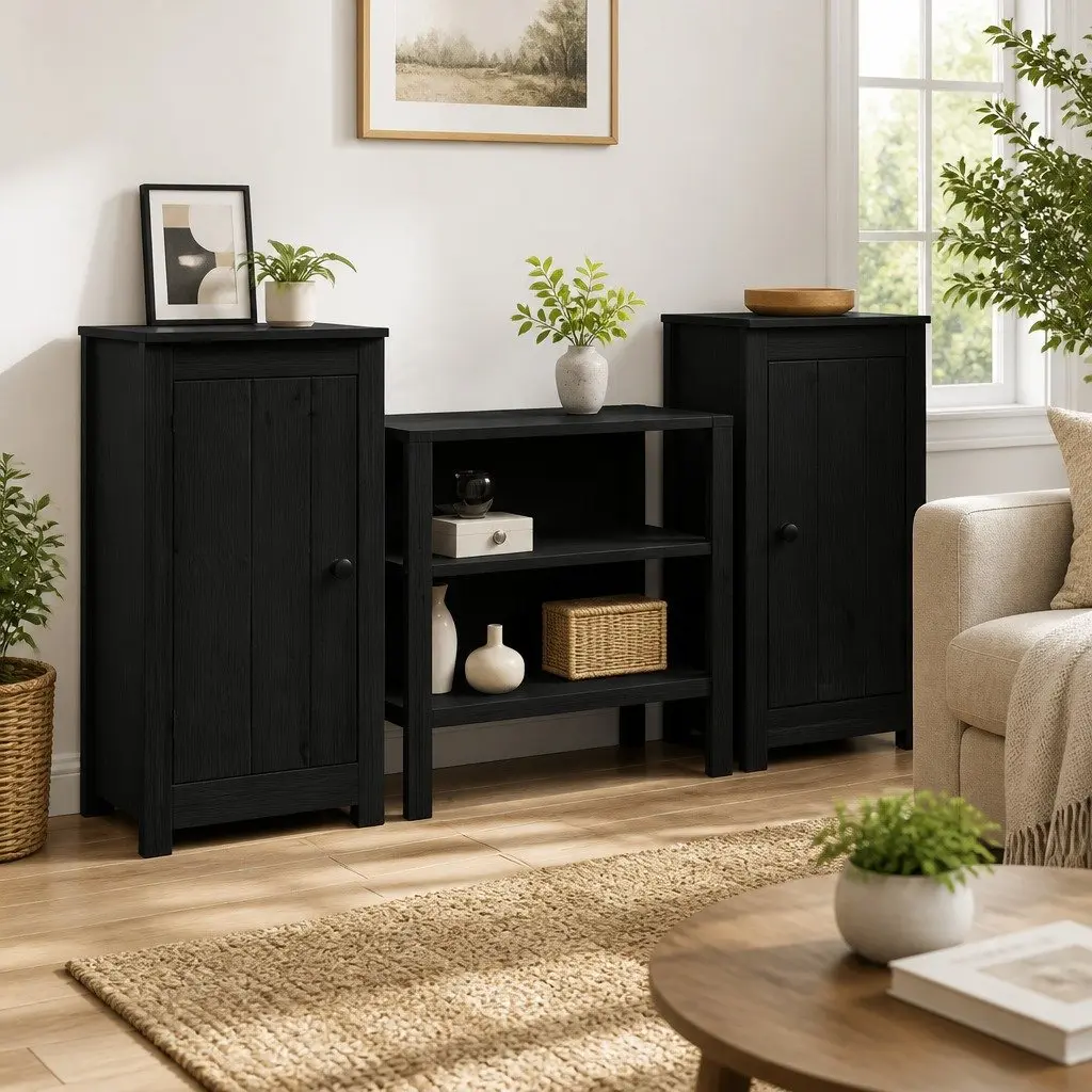 Sideboards Storage Cabinet 2 pcs Black Solid Wood Living Room Furniture