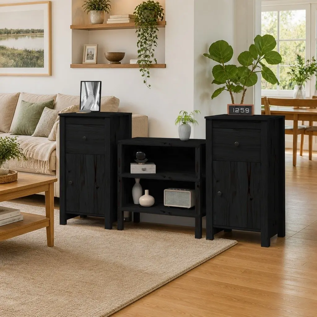 Sideboards Solid Wood Pine Storage Cabinet 40cm W x 35cm D x 80cm H Black Set of 2