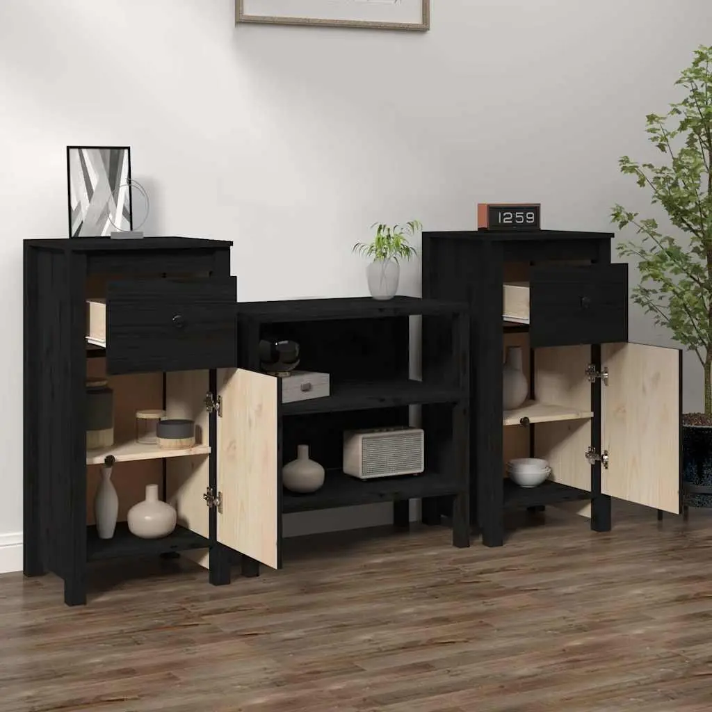 Sideboards Solid Wood Pine Storage Cabinet 40cm W x 35cm D x 80cm H Black Set of 2