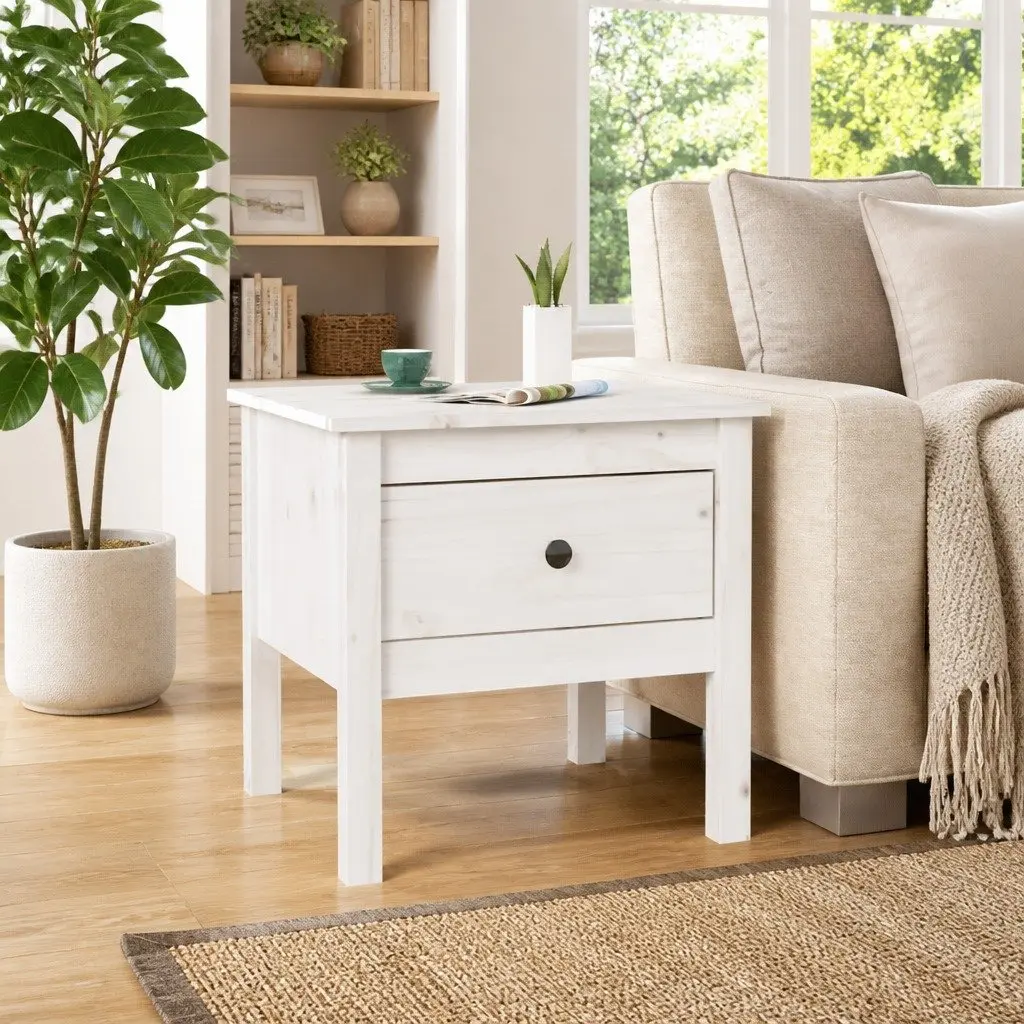 Side Table White 50x50x49 cm Solid Pine Wood Drawer Storage End Table Living