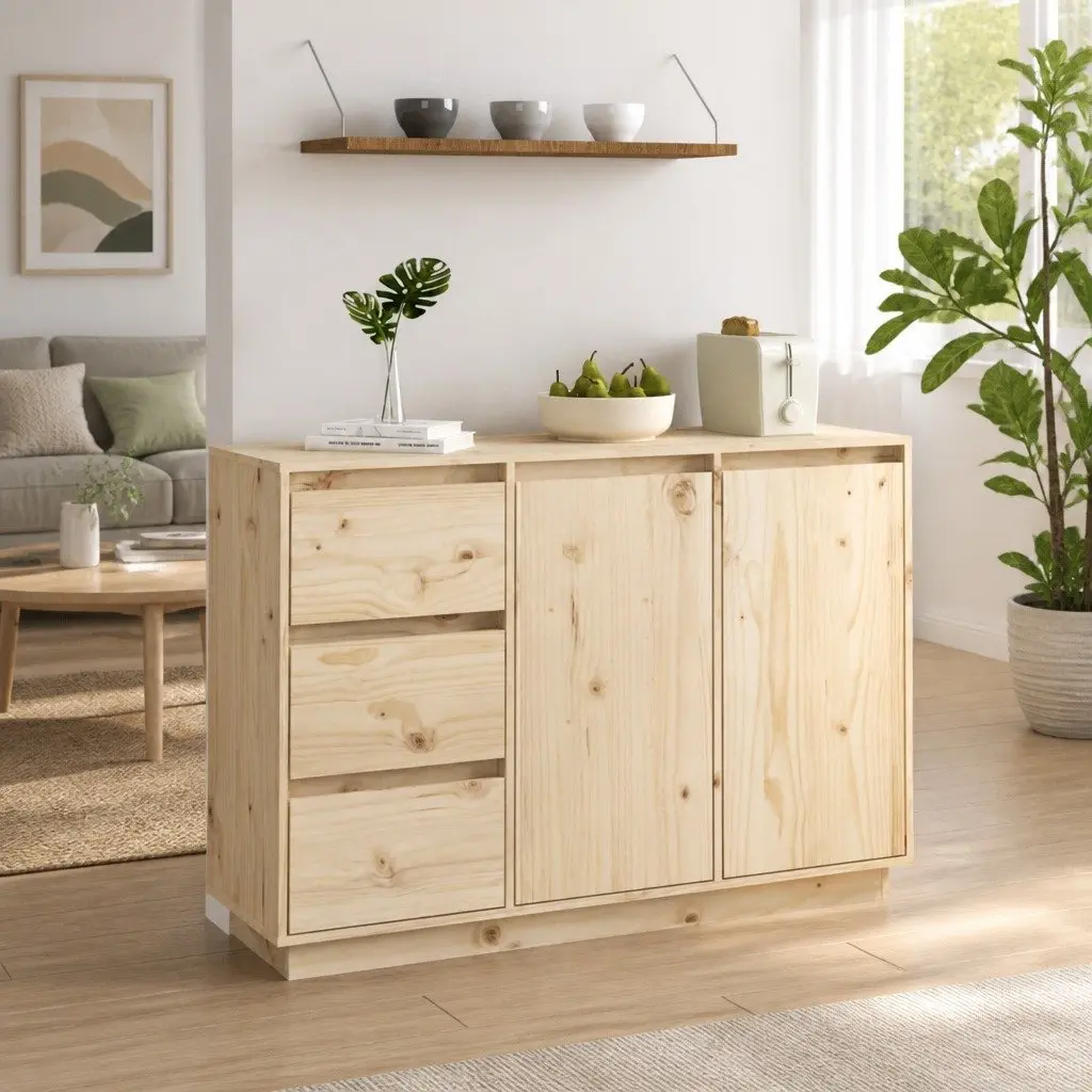 Solid Wood Pine Sideboard Storage Cabinet 2 Doors 3 Drawers Brown 111 x 34 x 75 cm