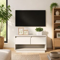 Practical White TV Cabinet in Solid Pine Wood