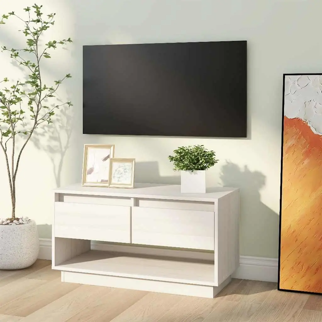 TV Cabinet White Solid Wood Pine 74x34x40 cm Wooden Storage Unit with Drawers