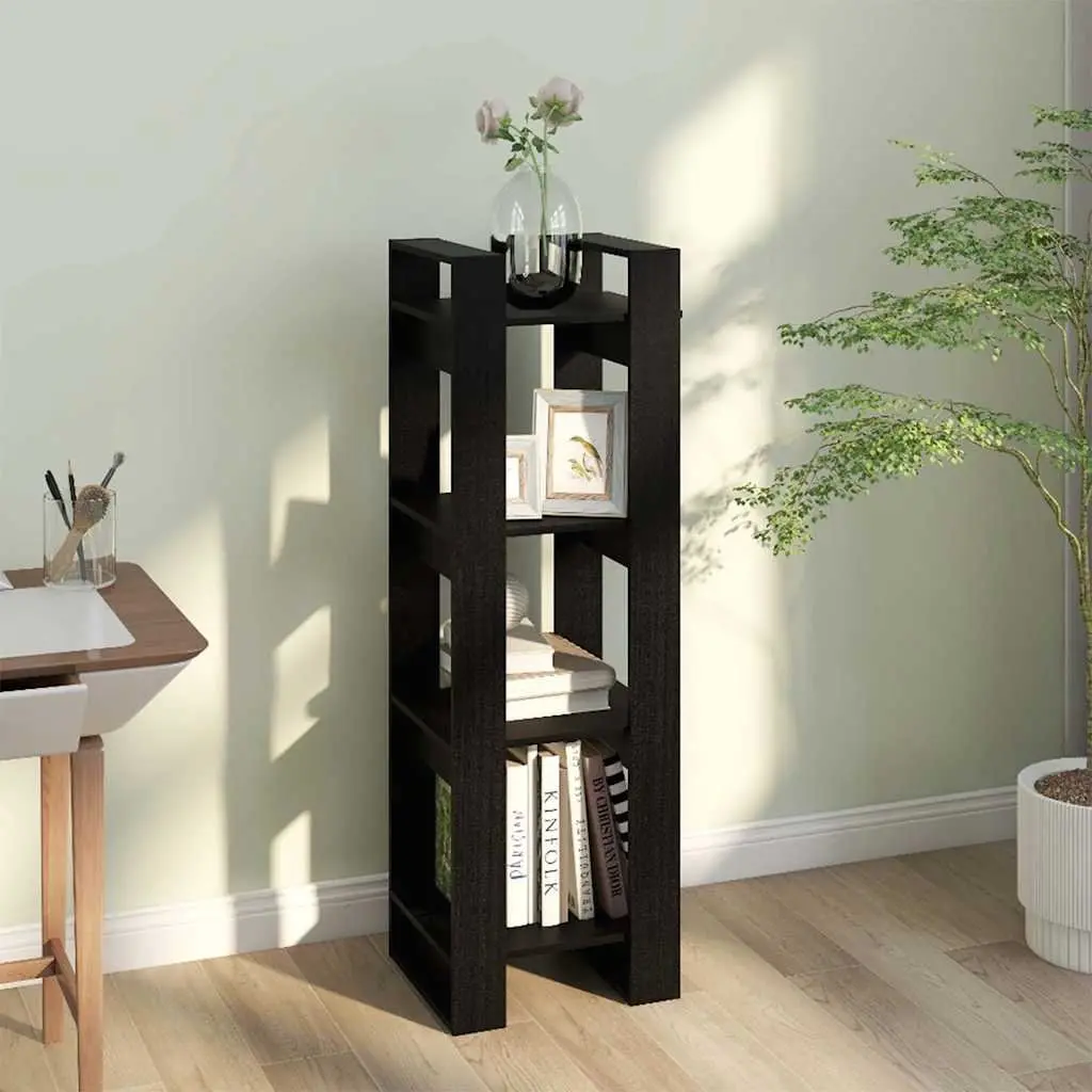 Book Cabinet Room Divider Black Solid Pine Wood Bookshelf Storage Shelving Unit
