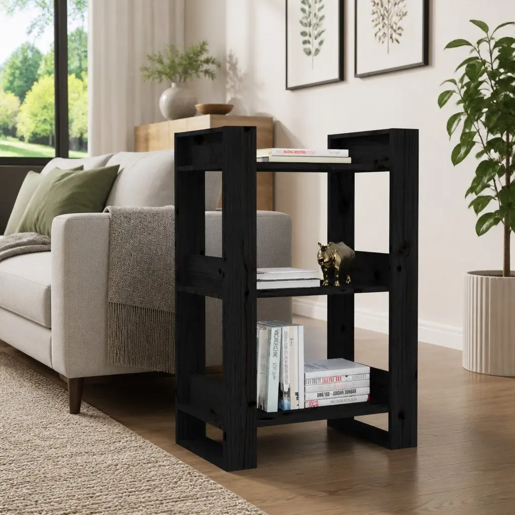 Solid Wood Book Cabinet Room Divider Storage Bookshelf 60x35x91 cm Black