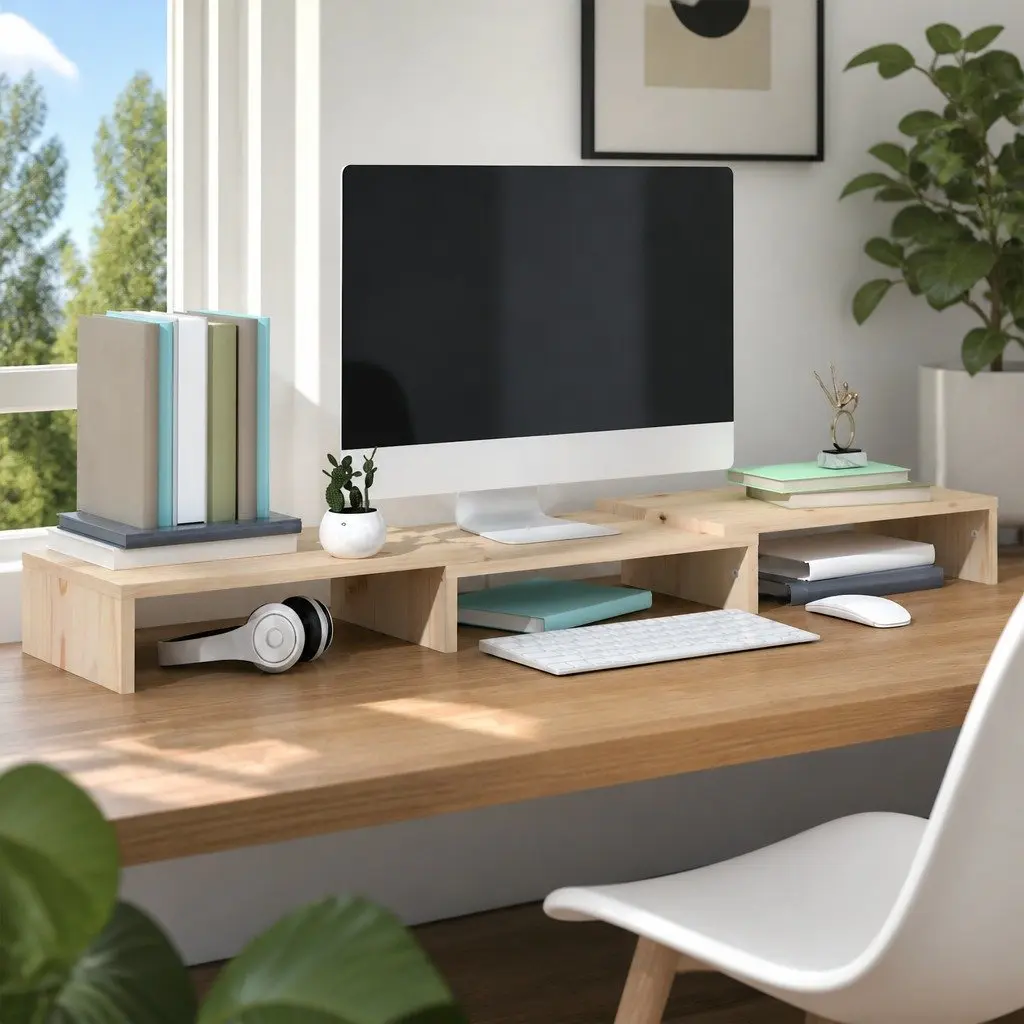 Monitor Stand Solid Wood Pine Riser Desk Organizer 80cm Brown