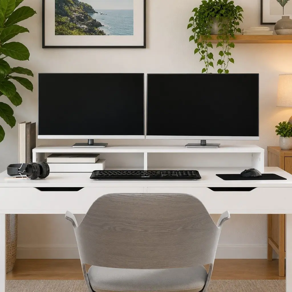Monitor Stand White Solid Pine Wood Computer Riser Desk Organizer 100cm
