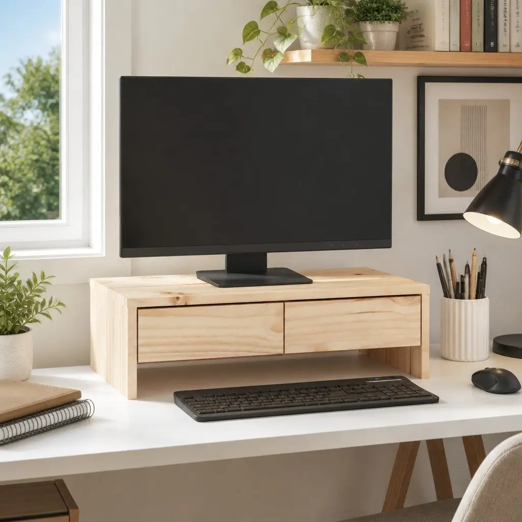 Monitor Stand Solid Wood Pine Storage Desk Riser 50x27x15cm Brown with Drawers