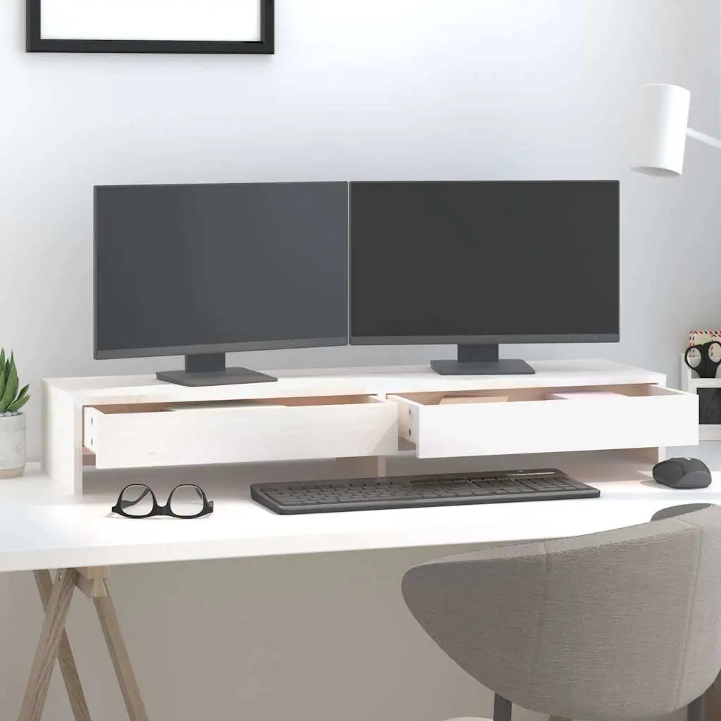 Monitor Stand White Solid Pine Wood Storage Desk Riser with Drawers 100x27x15 cm