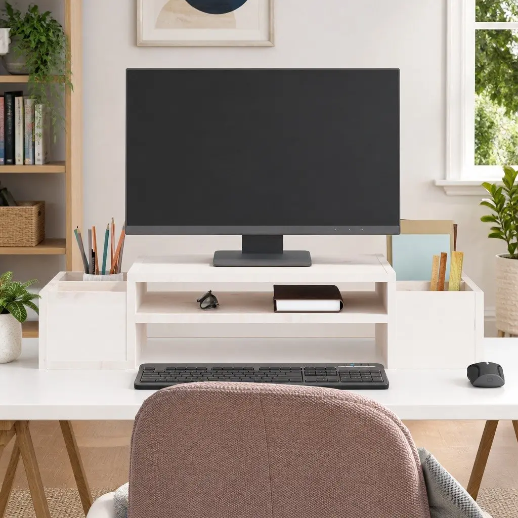 Monitor Stand White Solid Pine Wood Computer Riser 70x27.5x15 cm with Storage
