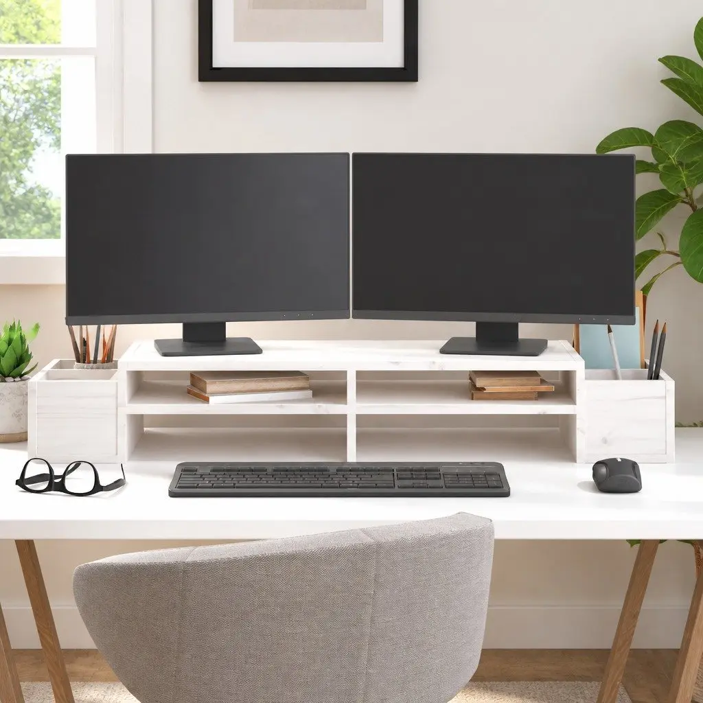 Monitor Stand White Solid Pine Wood 100x27.5x15 cm Computer Riser with Storage