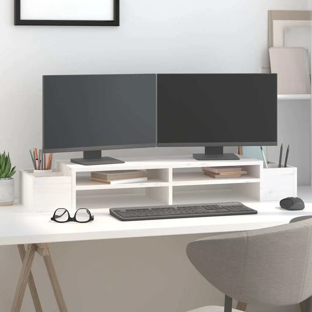 Monitor Stand White Solid Pine Wood 100x27.5x15 cm Computer Riser with Storage