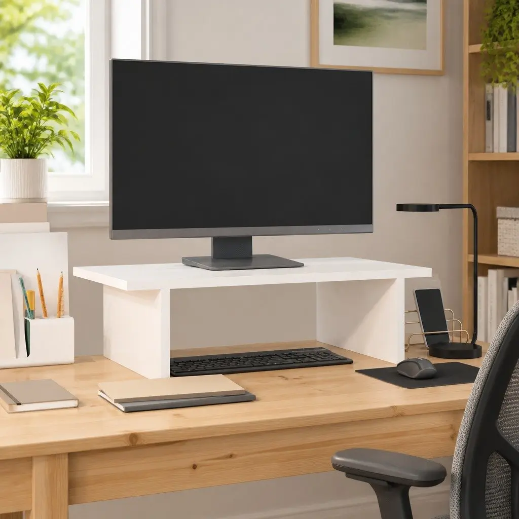 Monitor Stand White Solid Wood Pine Computer Riser Desk Organizer 50 x 27 x 15 cm