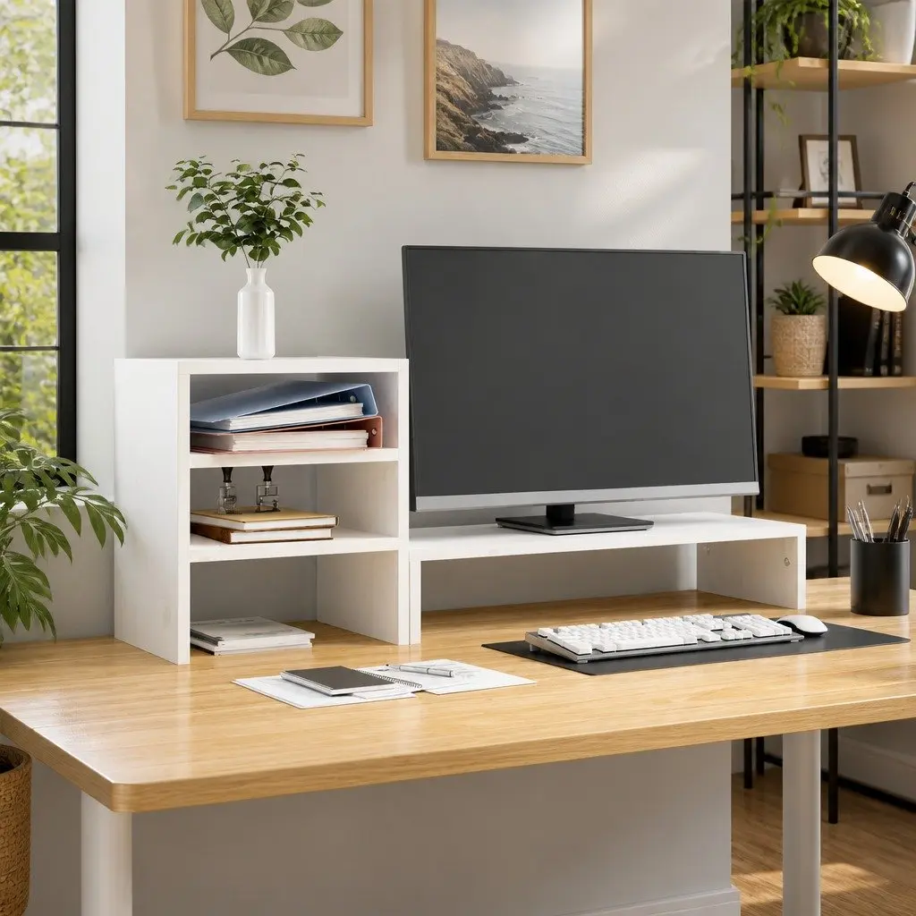 Monitor Stand White Solid Wood Pine Computer Riser Desk Organizer Storage Shelf 81 x 20 x 30 cm
