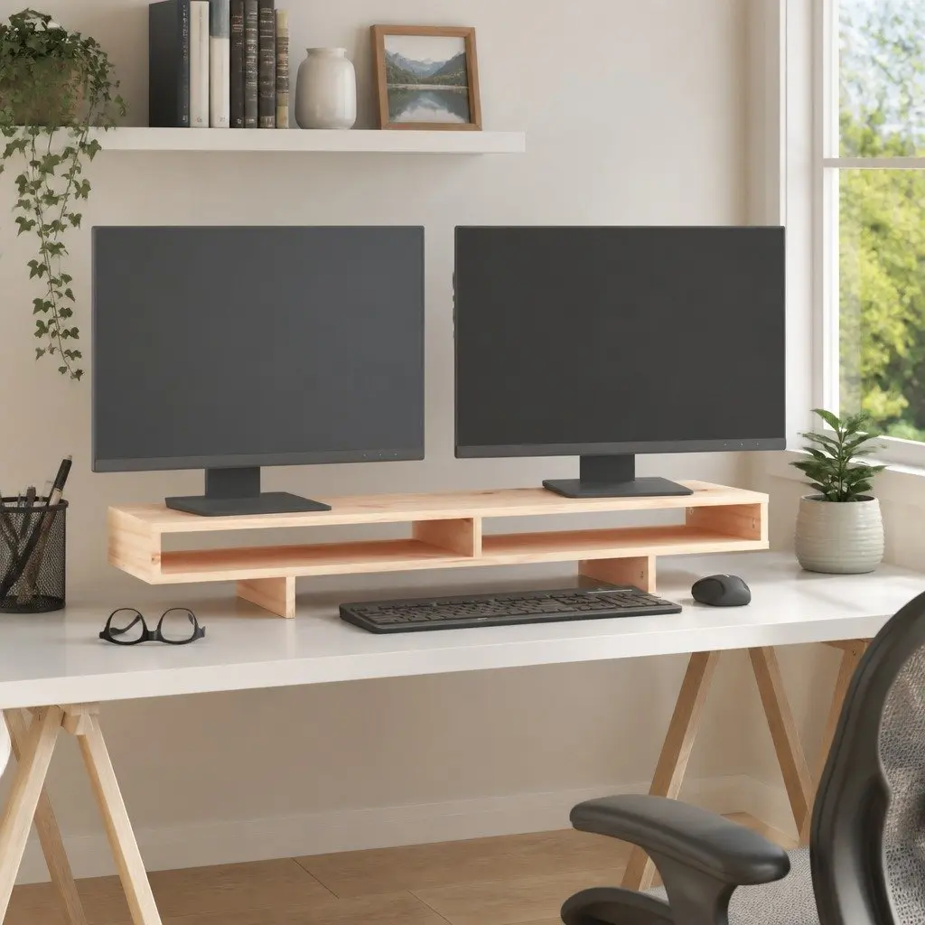 Monitor Stand Ergonomic 100x27x14cm Solid Wood Pine Brown Desk Organiser