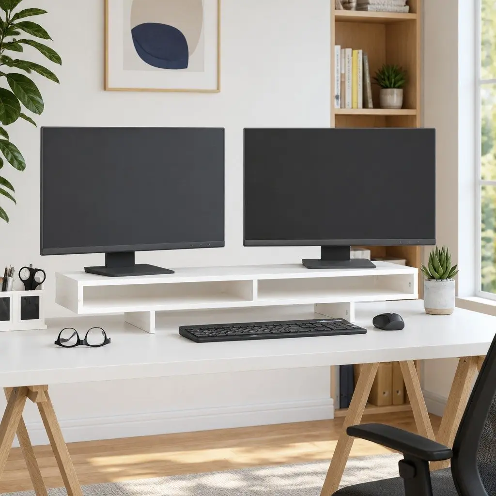 Monitor Stand White Solid Wood Pine Computer Riser Desk Organizer 100cm