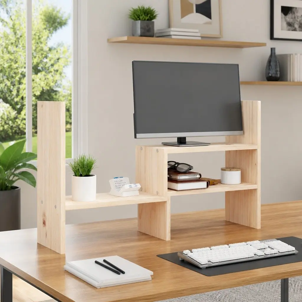 Adjustable Monitor Stand Riser Solid Pine Wood 39-72cm Brown for Desk Workspace