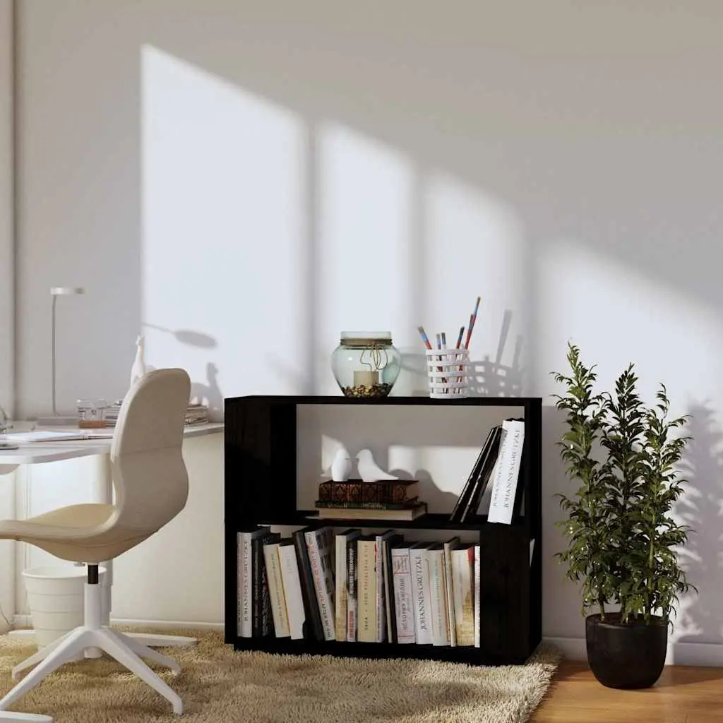 Book Cabinet Room Divider Storage 80W x 25D x 70H cm Black Solid Pine Wood