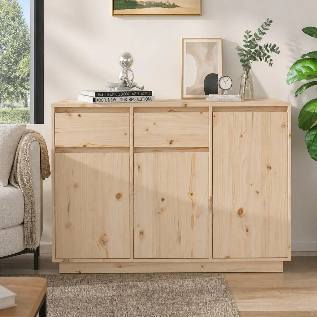 Sideboard Cabinet 110cm Brown Solid Pine Wood Storage Buffet Cupboard 2 Drawers
