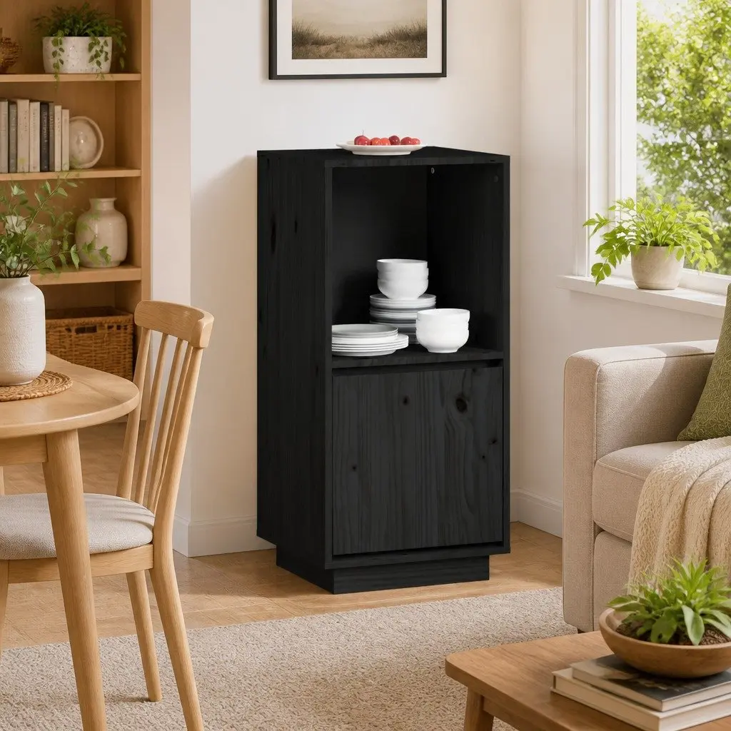 Sideboard Cabinet Storage Buffet Solid Pine Wood Modern Living Room Black 38W x 35D x 80H cm