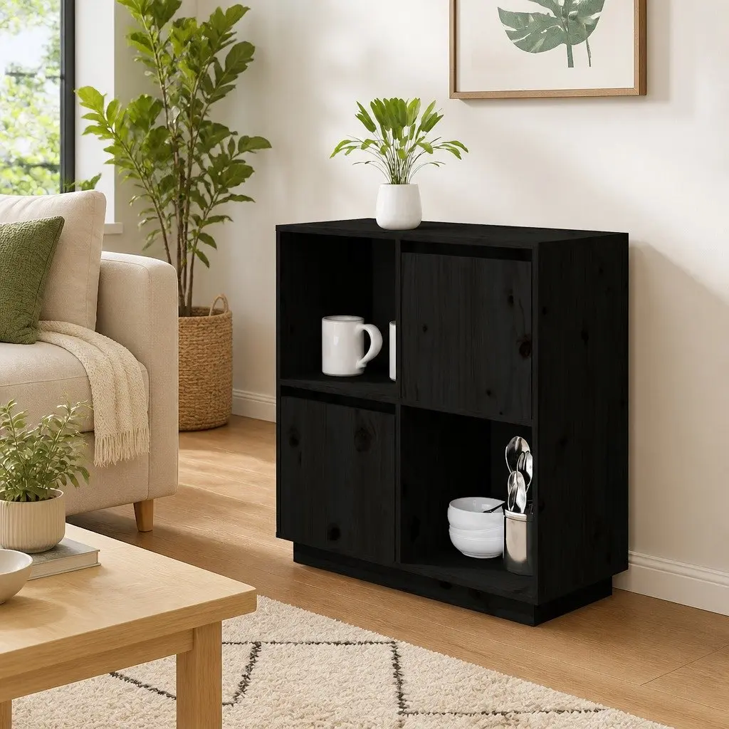 Sideboard Storage Cabinet Solid Wood Pine Black 74x35x80 cm 2 Doors 2 Compartments