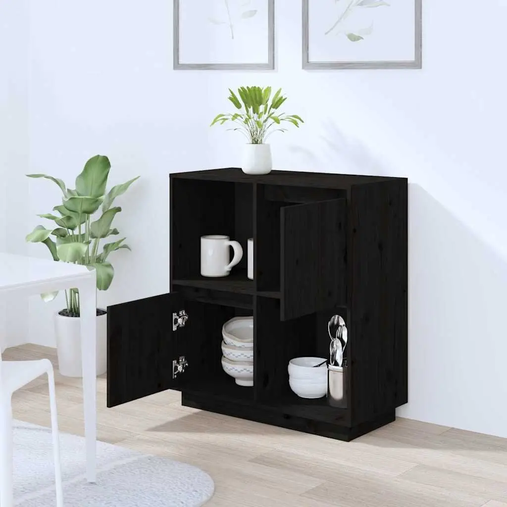 Sideboard Storage Cabinet Solid Wood Pine Black 74x35x80 cm 2 Doors 2 Compartments