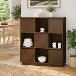 Highboard Storage Cabinet with 5 Doors Brown Solid Pine Wood Modern Furniture