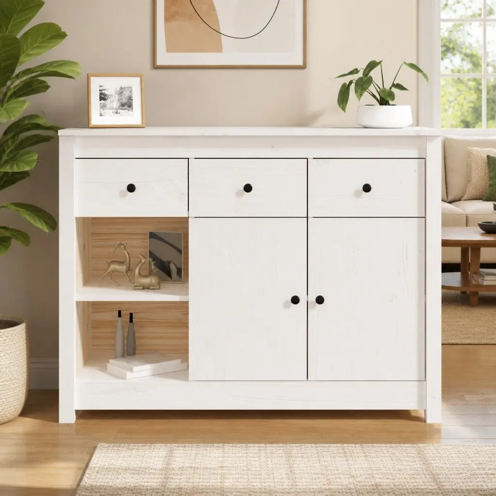 Wooden Sideboard White Storage Cabinet 3 Drawers 6 Compartments Living Room