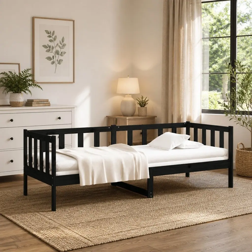 Day Bed Solid Pine Wood Frame Black 90x190cm Wooden Sofa Bed Slatted Base