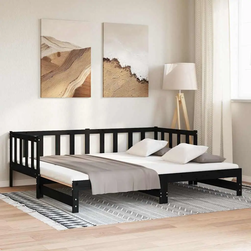 Wooden Day Bed Pull-out Guest Bed Frame Sofa Bed 2x(90x190) cm Black Slatted