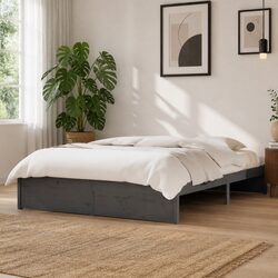 Solid Wood Bed Frame Grey 135x190 cm Slatted Base Modern Bedroom Furniture