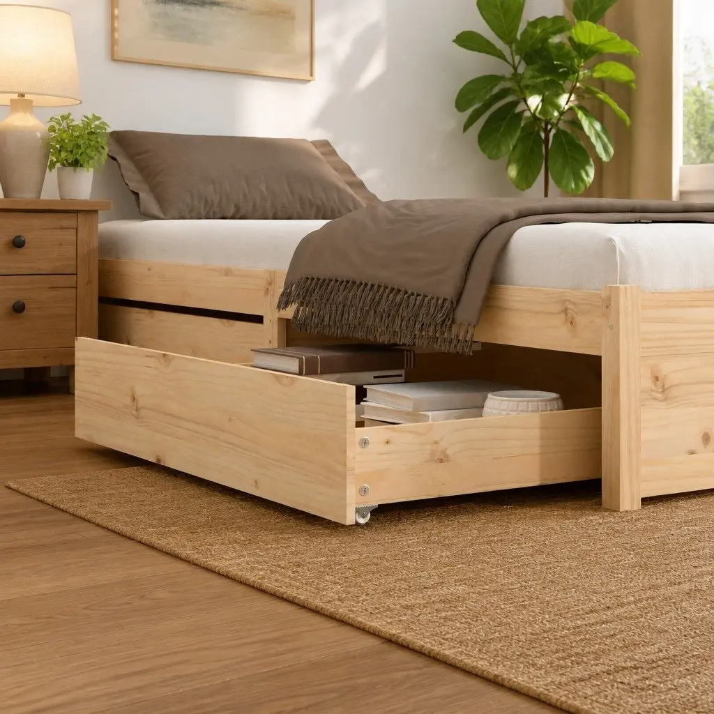 Under Bed Storage Drawers Solid Wood Pine Brown Bedroom Organiser 2 Piece