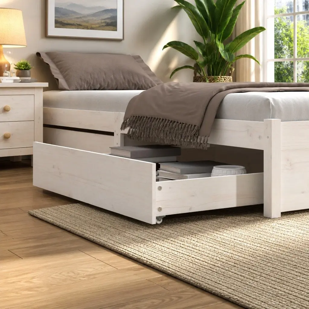 Under Bed Storage Drawers 2 Piece White Solid Pine Wood with Wheels
