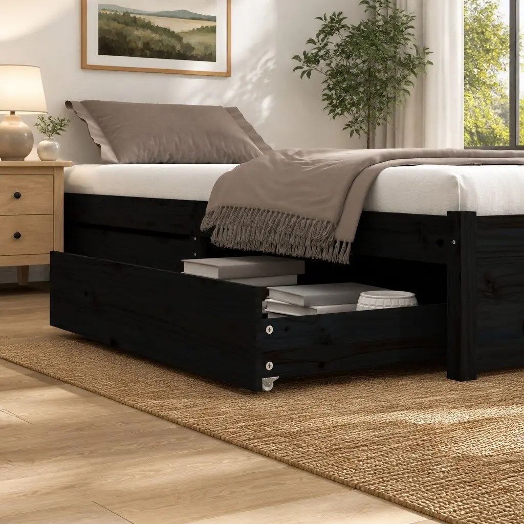 Under Bed Storage Drawers 2 Piece Black Solid Pine Wood with Wheels