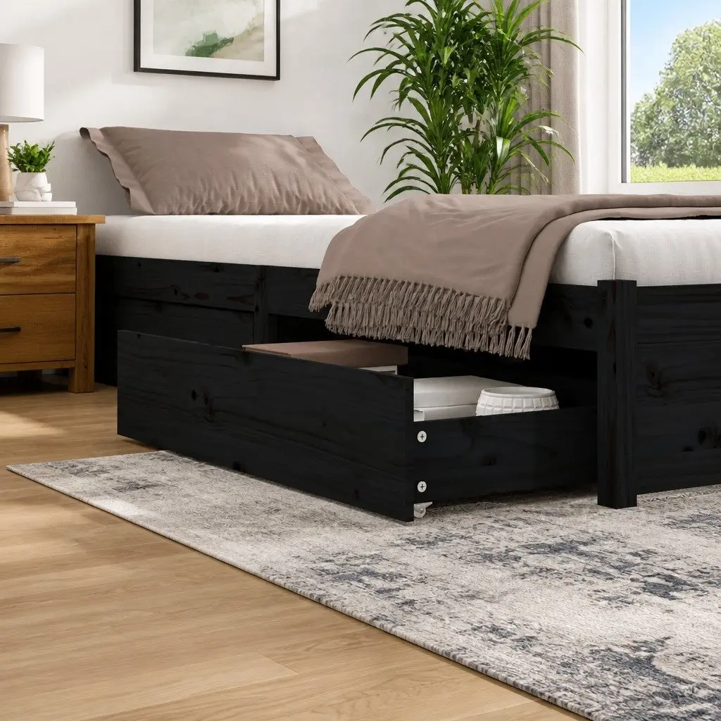 Under Bed Storage Drawers 4 Piece Black Solid Pine Wood Wheels