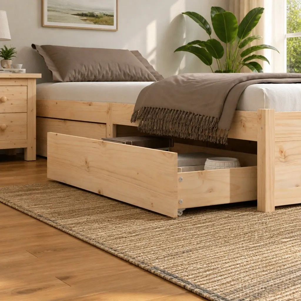 Under Bed Storage Drawers 4 Piece Solid Pine Wood Brown Bedroom Organiser