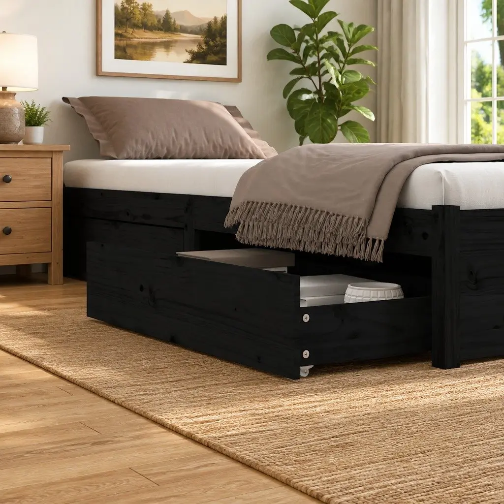 Under Bed Storage Drawers 4 Set Black Solid Pine Wood