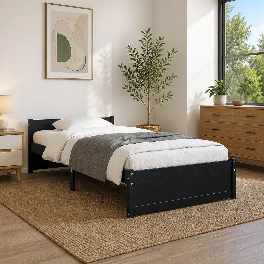 Black Bed Frame in Solid Pine Wood