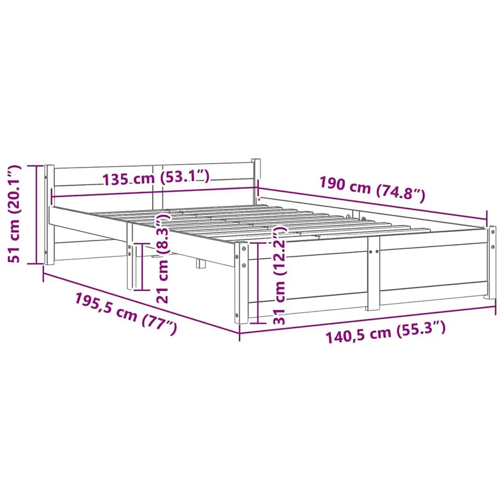 Solid Wood Bed Frame Slatted Base 135x190cm Brown
