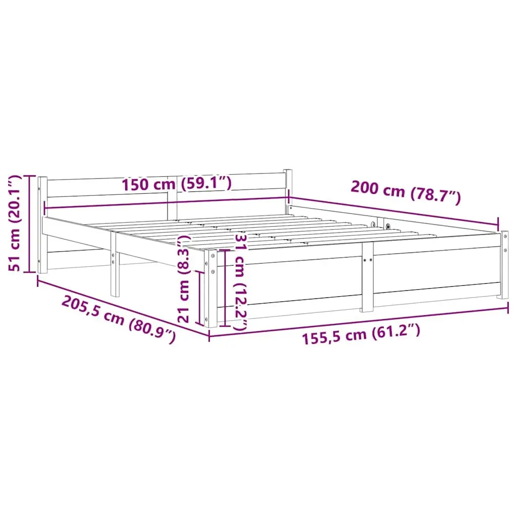 Wooden Bed Frame 150x200 cm White Solid Pine Wood Slatted Base Modern Bedroom