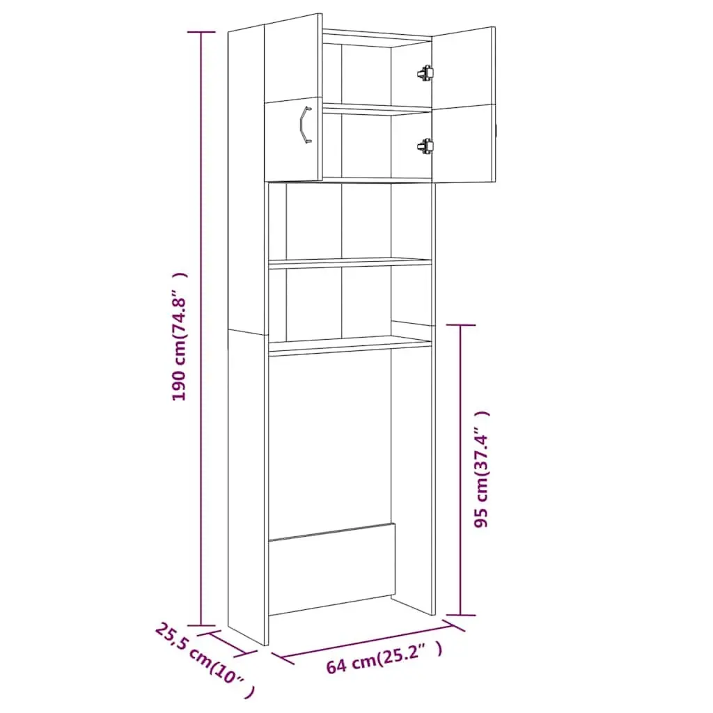 Washing Machine Cabinet Brown Oak Storage Bathroom Organizer 64 x 25.5 x 190 cm
