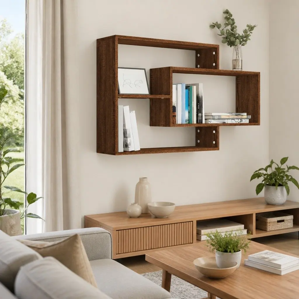 Wall Shelf Open Storage Display 3 Compartments Brown Oak
