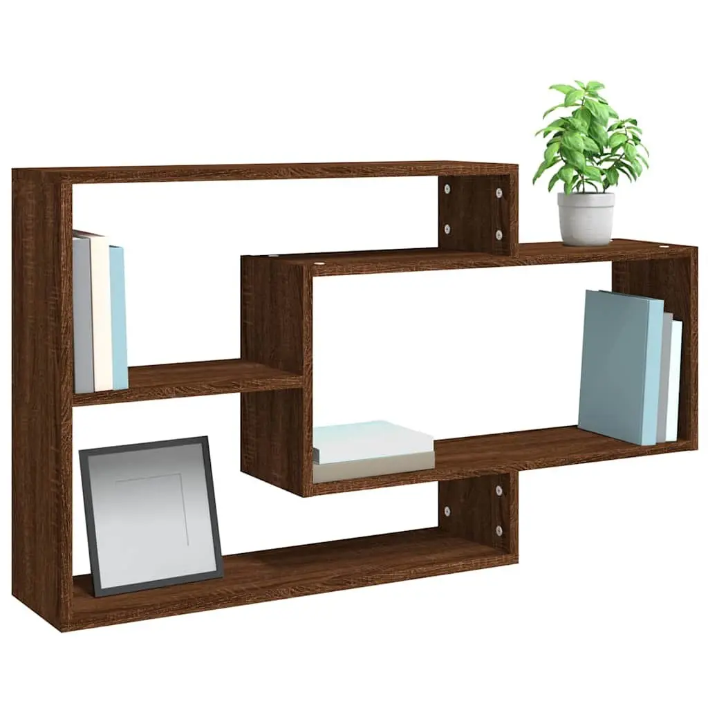 Wall Shelf Open Storage Display 3 Compartments Brown Oak