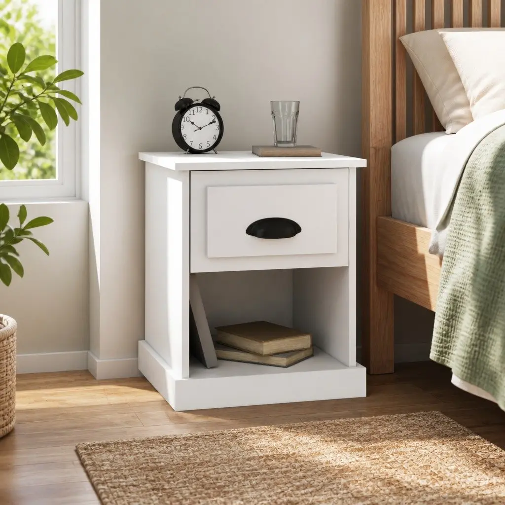 Bedside Cabinet White Engineered Wood Nightstand Storage Drawer Compartment 39 x 39 x 47.5 cm